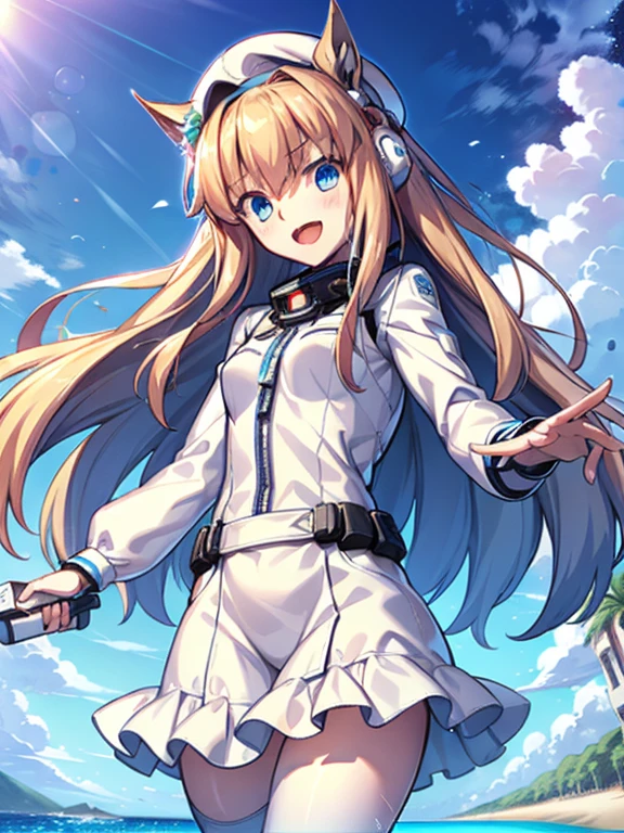 ((masterpiece))、highest quality、(Whole body wide angle)、Neo Universe(Umamusume)、1 girl, Neo Universe(Umamusume)、alone, chest, looking at the viewer, blush, smile, long hair, bangs, large chest, blonde long hair, long sleeve, blue eyes, headphone,beret,:d, body suit, bSpace, white body suit, blue sky,Ocean,summer,Wind:1.3,, Space Suit Break