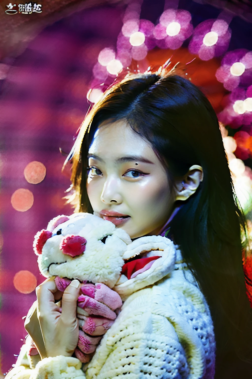 1 girl walking on the river, Mix 4, coat, pillow, ริมฝีmouth, open_mouth, realistic, photograph_(moderate), alone, Stuffed_animal, Stuffed_toy, Teddy_bear,(Masterpiece),(photographrealistic:1.3), very detailed, (Highly detailed skin:1.2),(best quality:1.0), (very high:1.0), (Ulzzang-6500:0.3), wavy hair details, long hair, sunlight, (Beautifully detailed makeup), (Sexual stimulation, red face, heavy breathing:1.0), flower theme scattered petals, (soft bloom:0.5)