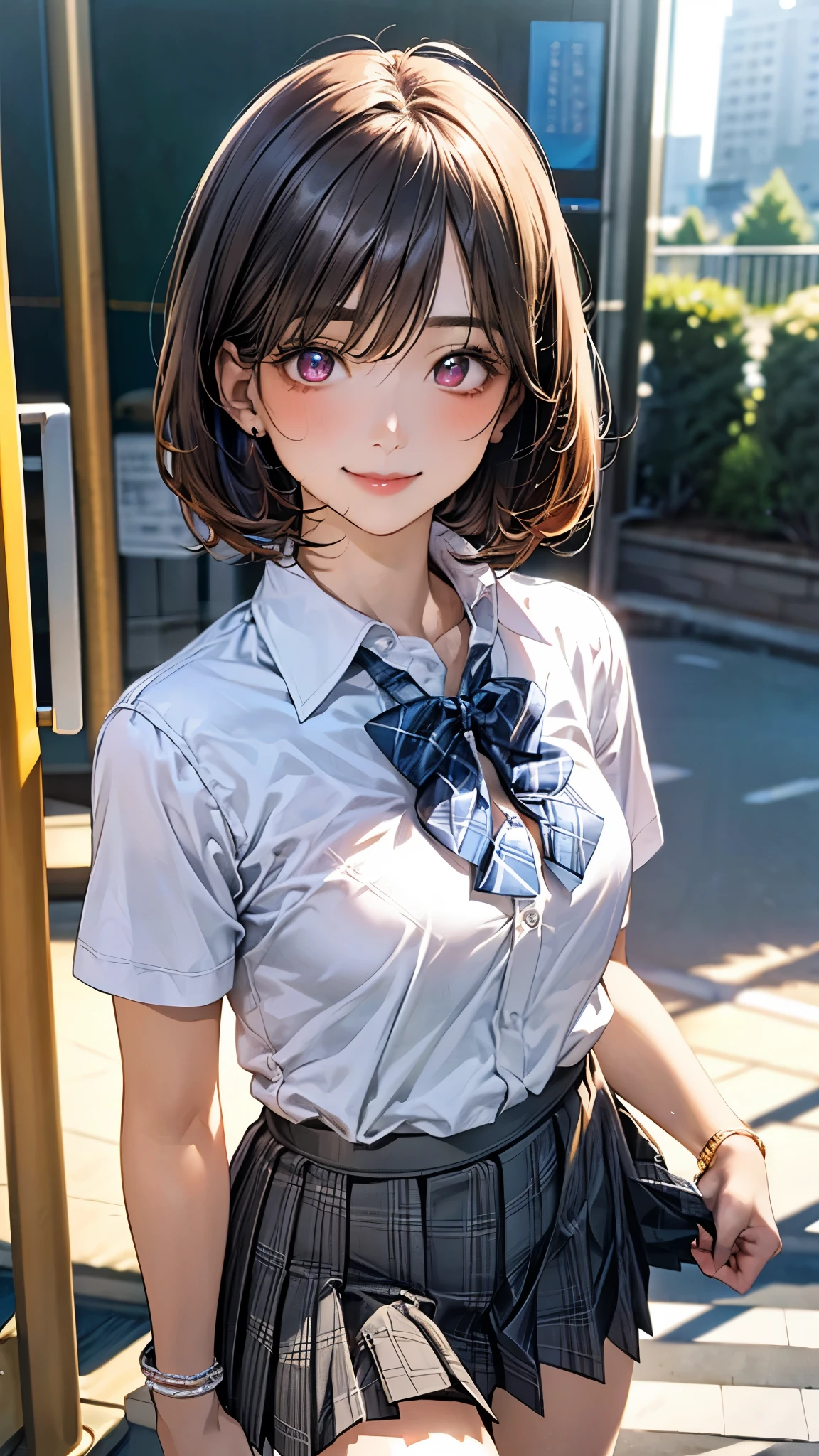 (masterpiece:1.2, top-quality), (realistic, photorealistic:1.4), beautiful illustration, (natural side lighting, movie lighting), 
looking at viewer, full body, front view:0.6, 1 girl, japanese, high school girl, perfect face, cute and symmetrical face, suntan, shiny skin, 
(short hair:1.2, bob cut:1.2, brown hair), asymmetrical bangs, maroon eyes, long eye lasher, (large breasts:0.6), 
beautiful hair, beautiful face, beautiful detailed eyes, beautiful clavicle, beautiful body, beautiful chest, beautiful thigh, beautiful legs, beautiful fingers, 
((collared short sleeve shirt, white shirt, , grey plaid pleated skirt, blue plaid bow tie), wrist chakra), 
(beautiful scenery), amusement park, go-round, ferris wheel, (walking, skirt hold), (lovely smile, upper eyes),