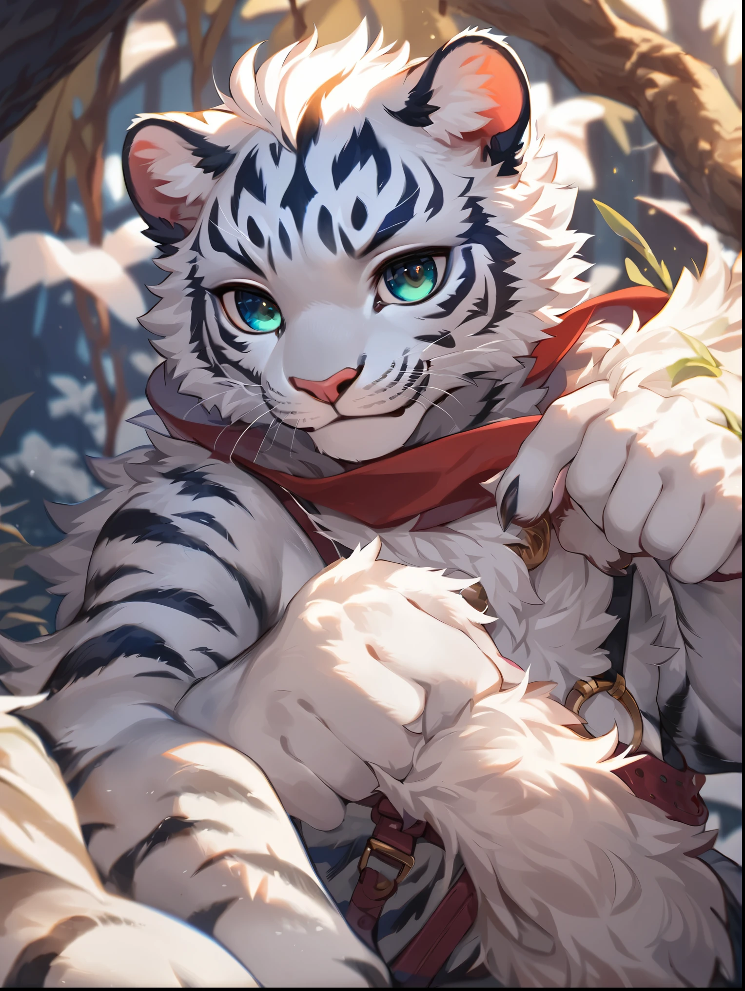 8K resolution, ((highest quality)), ((masterpiece)), ((super detailed)), (very delicate and beautiful), juvenile, boy, cute, cool, beast, beast人, White Tiger, anime style illustration, whole body