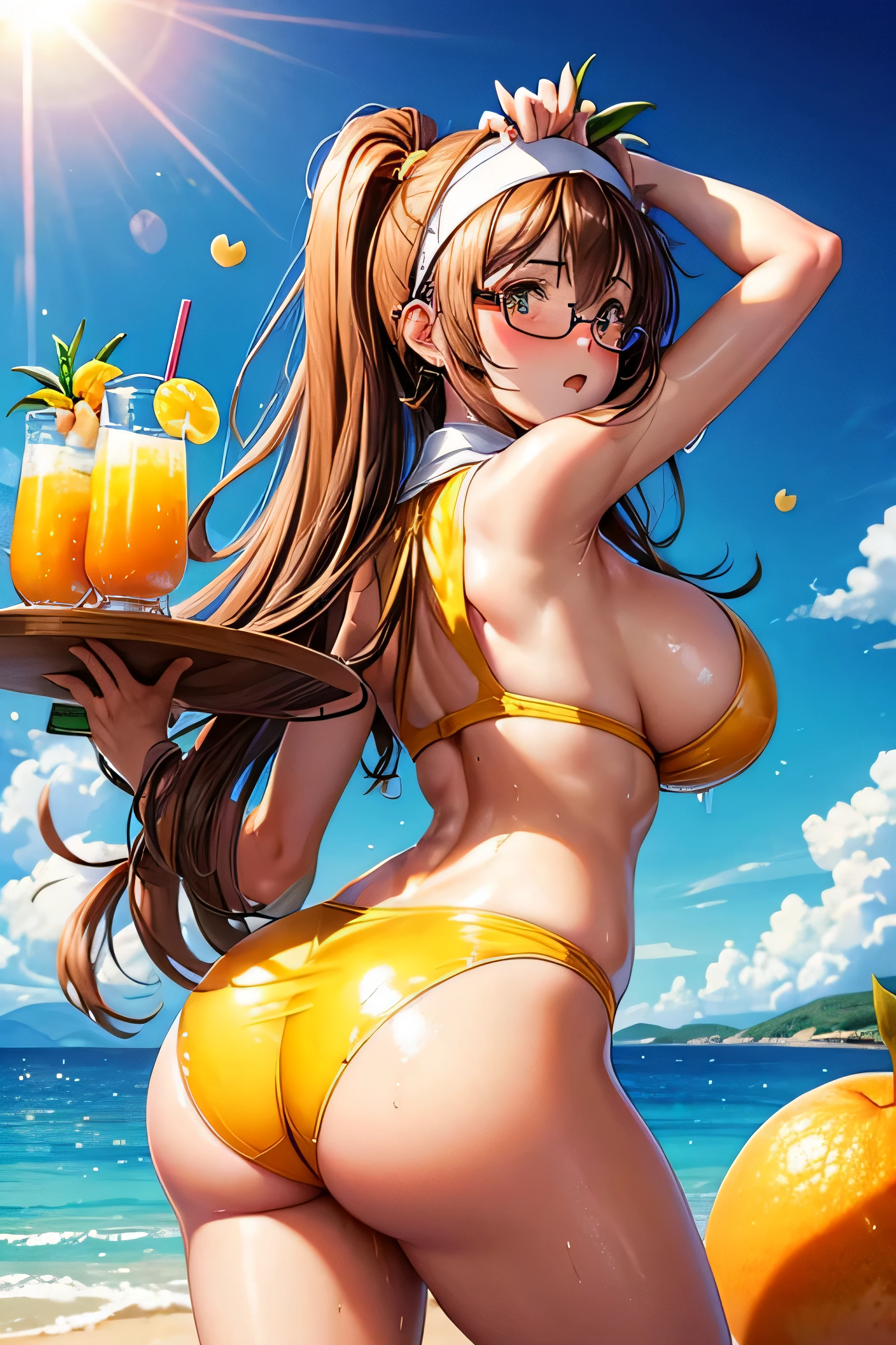 High resolution, high quality, 1 girl, anime girl, brown long hair, brown eyes,heart shaped pupils, green glasses, sunburned skin, big breasts,beautiful breasts, (big ass),beautiful ass,highleg nun,standing,arms behind head,(drink lots of juice),(Inflate your stomach),(lemonade),(lemon juice),(orange juice),(mango juice),(Pineapple juice),(apple juice),(peach juice),(water),at church,