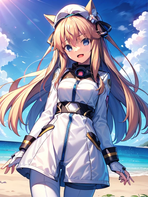 ((masterpiece))、highest quality、(Whole body wide angle)、Neo Universe(Umamusume)、1 girl, Neo Universe(Umamusume)、alone, chest, looking at the viewer, blush, smile, long hair, bangs, large chest, blonde long hair, long sleeve, blue eyes, headphone,beret,:d, body suit, bSpace, white body suit, blue sky,Ocean,summer,Wind:1.3,, Space Suit Break