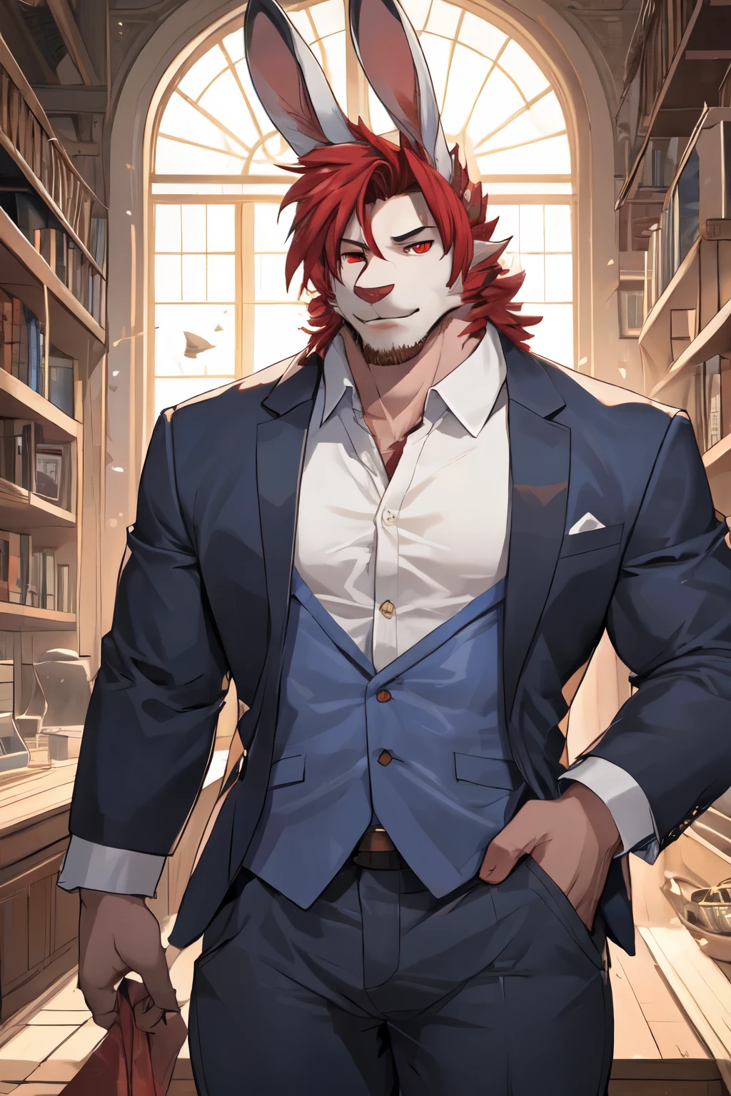 ((best quality)), ((masterpiece)), (detailed), perfect face, bara furry, rabbit man, big body, white skin, short quiff red hair, red eyes, perfect eyes, long rabbit ears, handsome, at company, blue suit