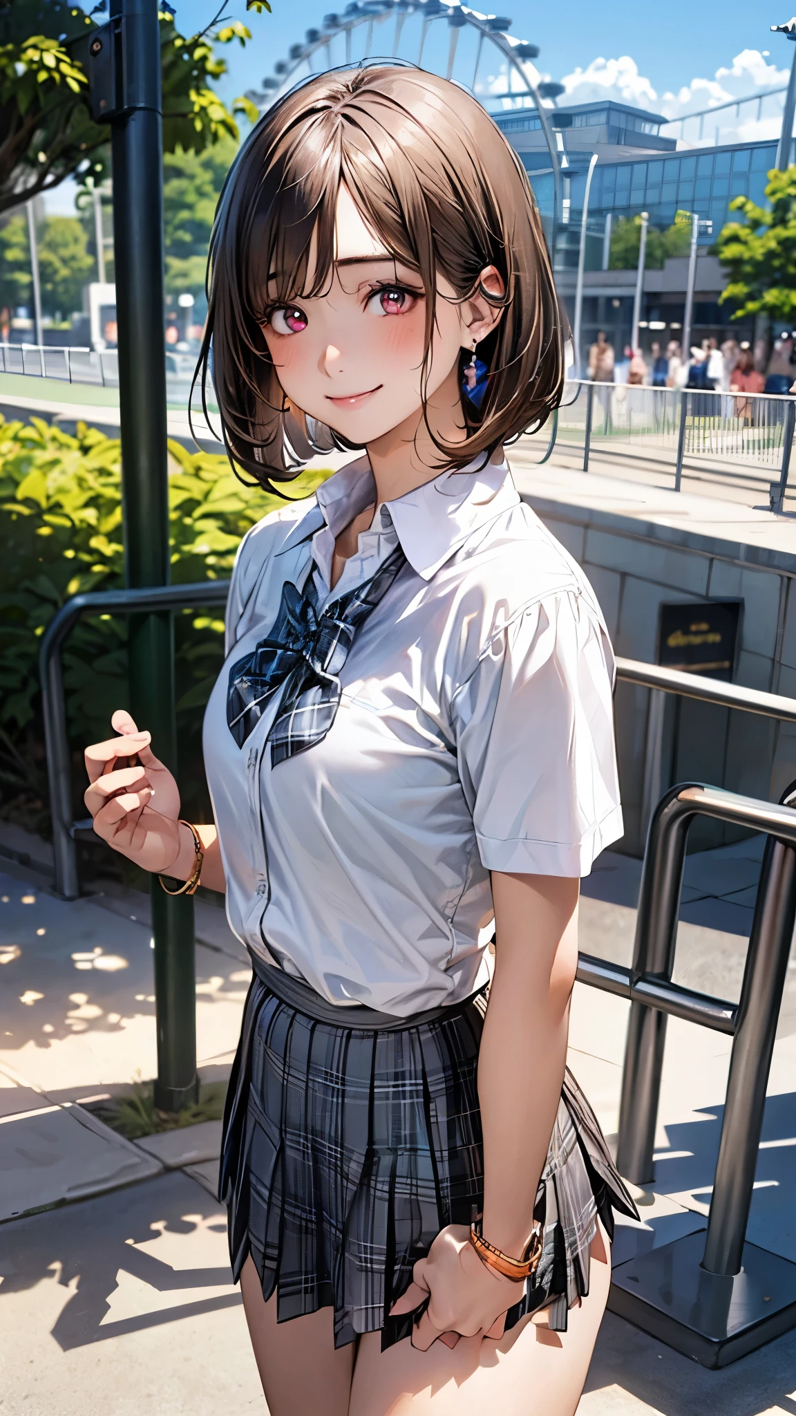 (masterpiece:1.2, top-quality), (realistic, photorealistic:1.4), beautiful illustration, (natural side lighting, movie lighting),
looking at viewer, full body, front view:0.6, 1 girl, japanese, high school girl, perfect face, cute and symmetrical face, suntan, shiny skin,
(short hair:1.2, bob cut:1.2, brown hair), asymmetrical bangs, maroon eyes, long eye lasher, (large breasts:0.6),
beautiful hair, beautiful face, beautiful detailed eyes, beautiful clavicle, beautiful body, beautiful chest, beautiful thigh, beautiful legs, beautiful fingers,
((collared short sleeve shirt, white shirt, , grey plaid pleated skirt, blue plaid bow tie), wrist chakra),
(beautiful scenery), amusement park, go-round, ferris wheel, (walking, skirt hold), (lovely smile, upper eyes),