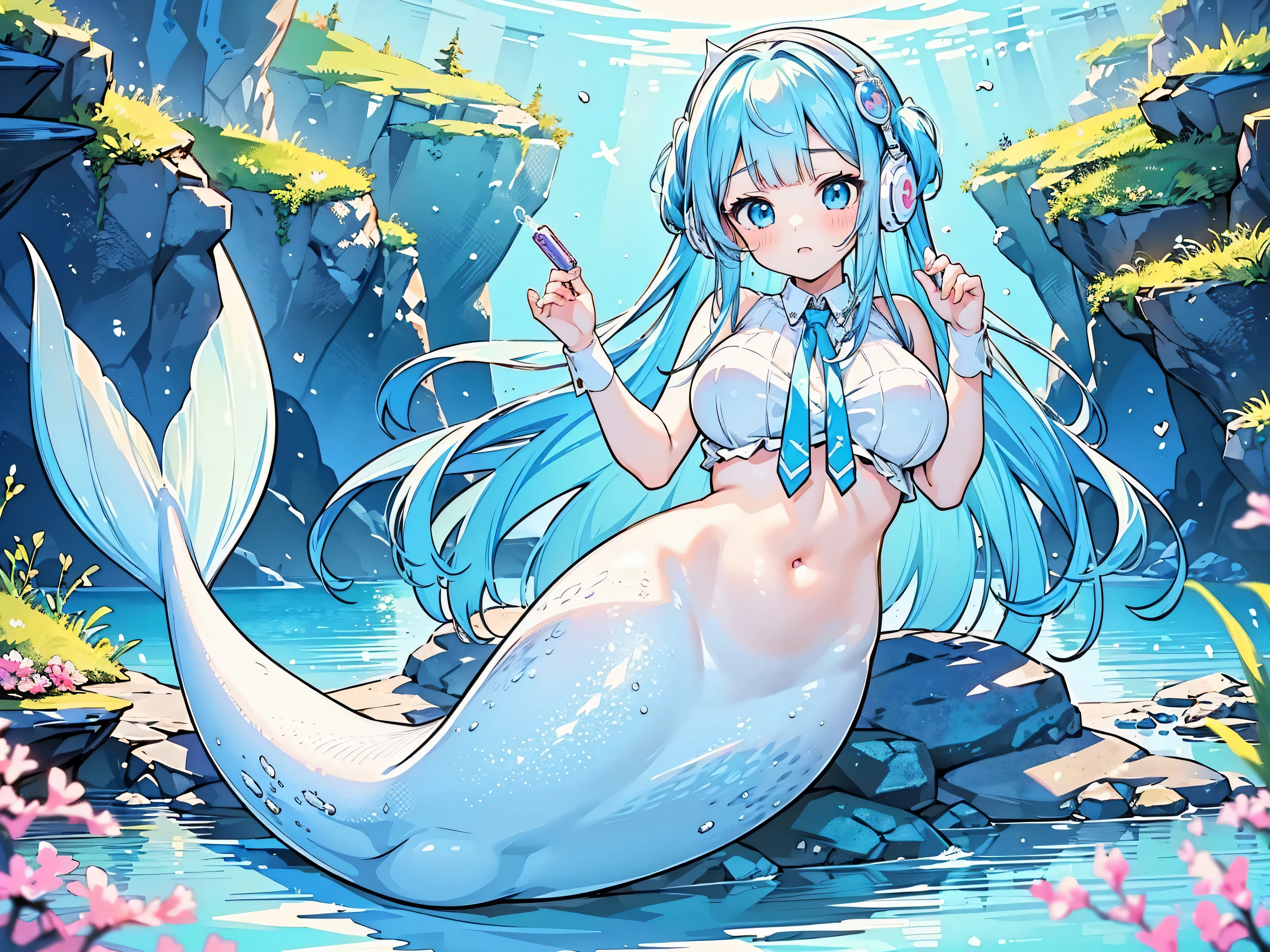 masterpiece, best quality,Water Girl,wearing headphones,big breasts,Mermaid,White Mermaid Tail,full-body shot,charming face(kawaii, charming,soft),The beauty surfaced, The lower body is underwater,