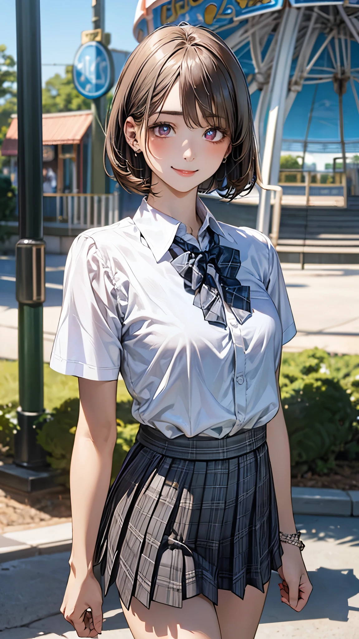 (masterpiece:1.2, top-quality), (realistic, photorealistic:1.4), beautiful illustration, (natural side lighting, movie lighting),
looking at viewer, full body, front view:0.6, 1 girl, japanese, high school girl, perfect face, cute and symmetrical face, suntan, shiny skin,
(short hair:1.2, bob cut:1.2, brown hair), asymmetrical bangs, maroon eyes, long eye lasher, (large breasts:0.6),
beautiful hair, beautiful face, beautiful detailed eyes, beautiful clavicle, beautiful body, beautiful chest, beautiful thigh, beautiful legs, beautiful fingers,
((collared short sleeve shirt, white shirt, , grey plaid pleated skirt, blue plaid bow tie), wrist chakra),
(beautiful scenery), amusement park, go-round, ferris wheel, (walking, skirt hold), (lovely smile, upper eyes),