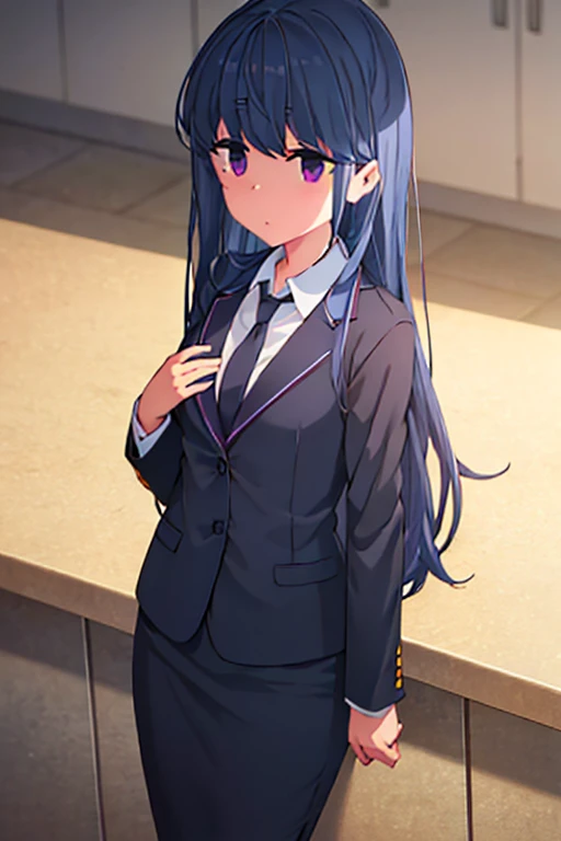 1girl, rin shima, purple eyes, suit, office lady, black skirt, black blazer, pencil skirt, white shirt, collared shirt, long hair, ager, looking at viewer, full body, sad face