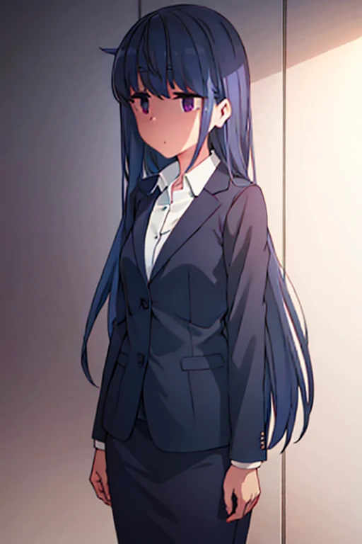 1girl, rin shima, purple eyes, suit, office lady, black skirt, black blazer, pencil skirt, white shirt, collared shirt, long hair, teenager, looking at viewer, full body, sad face