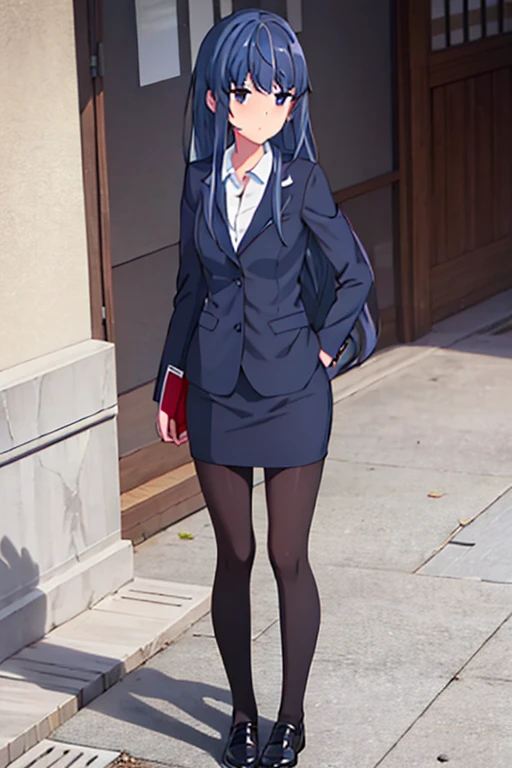 1girl, rin shima, purple eyes, suit, office lady, black skirt, black blazer, pencil skirt, white shirt, collared shirt, long hair, teenager, looking at viewer, full body, sad face