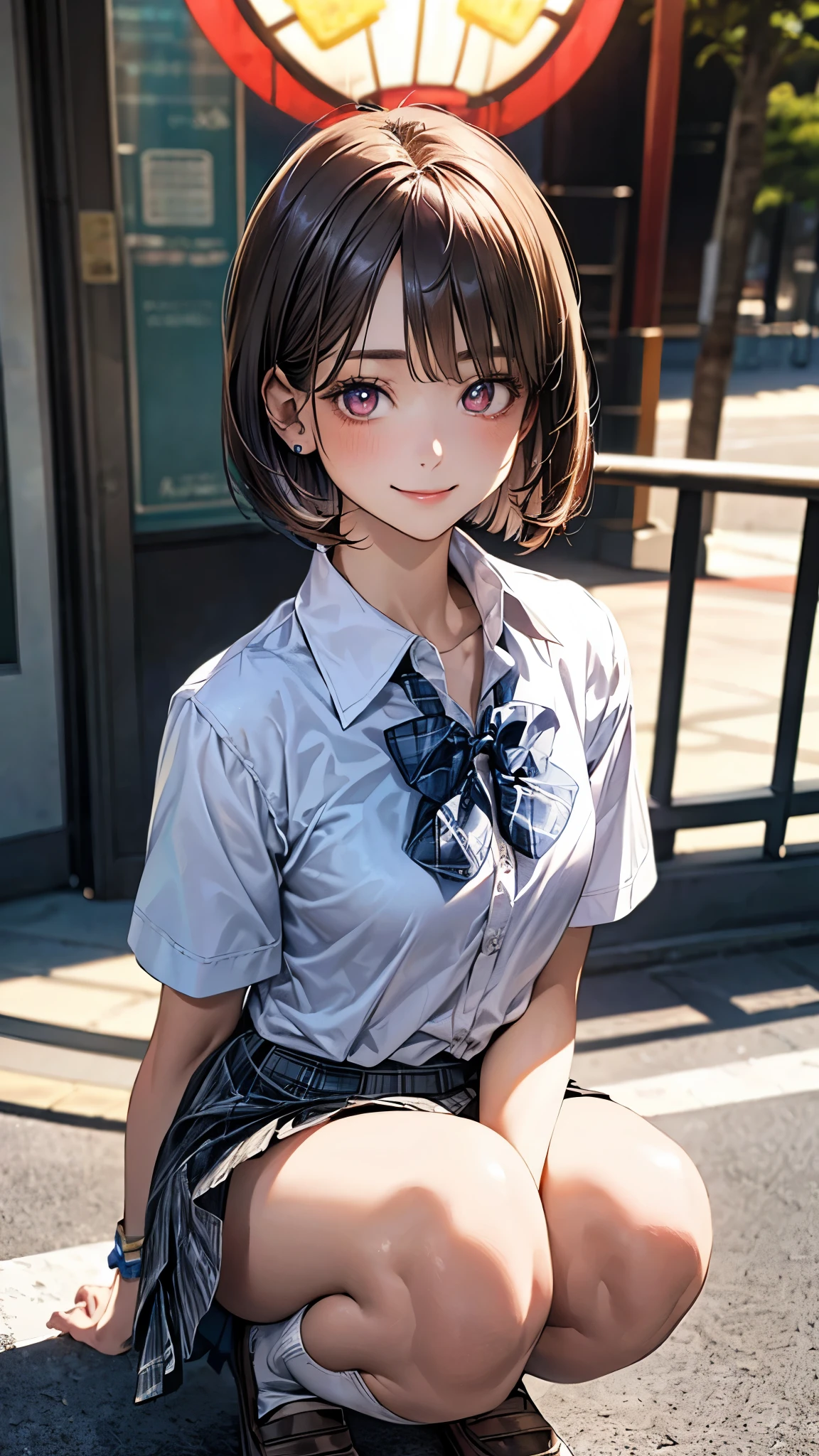 (masterpiece:1.2, top-quality), (realistic, photorealistic:1.4), beautiful illustration, (natural side lighting, movie lighting), 
looking at viewer, full body, front view:0.6, 1 girl, japanese, high school girl, perfect face, cute and symmetrical face, suntan, shiny skin, 
(short hair:1.2, bob cut:1.2, brown hair), asymmetrical bangs, maroon eyes, long eye lasher, (large breasts:0.6), 
beautiful hair, beautiful face, beautiful detailed eyes, beautiful clavicle, beautiful body, beautiful chest, beautiful thigh, beautiful legs, beautiful fingers, 
((collared short sleeve shirt, white shirt, , grey plaid pleated skirt, blue plaid bow tie), wrist chakra), 
(beautiful scenery), amusement park, go-round, ferris wheel, (squatting, skirt hold), (lovely smile, upper eyes),