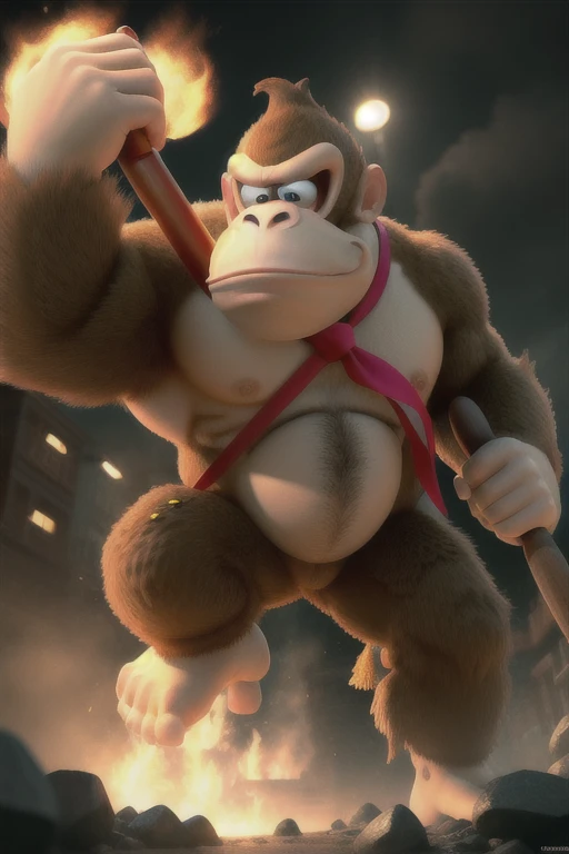 dkong, necktie,1boy,monkey,furry, cinematic portrait of an angry donkey kong holding a giant hammer and charging into an epic battle with King K. Rool, dark, scary, cinematic lighting, dramatic, hyper-detailed, , CGI, Realism, RTX, Dramatic Lighting, Volumetric Lighting, Volumetric Light, Volumetric, ((high quality:1.2, masterpiece:1.2)), absurdres, high resolution, high details, detailed and intricate, intricate details, high intricate details, absurd amount of details, (8k resolution), 8k, 8kres, 8k res, super resolution, ultra hd, megapixel, Establishing Shot, Vore belly large tails safe inside moves