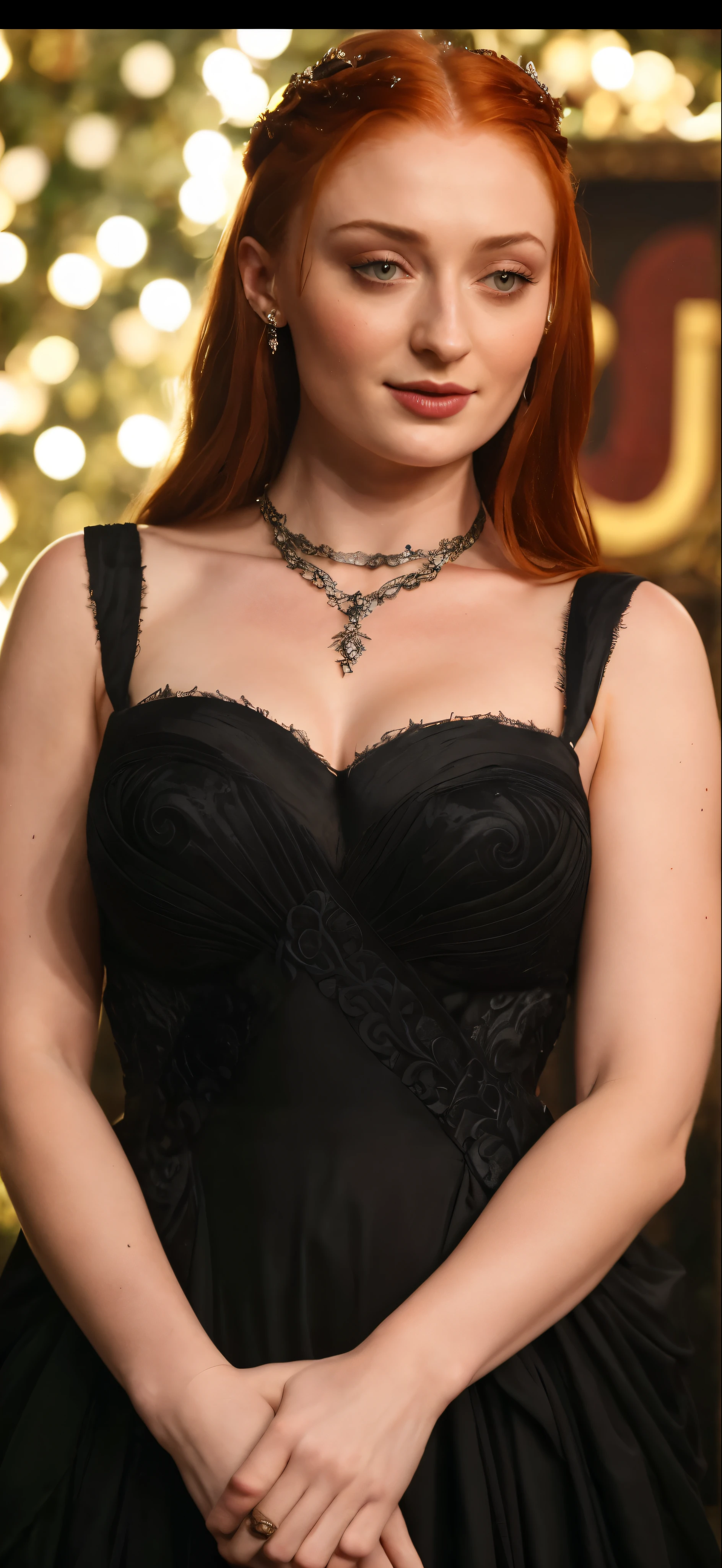 high quality photograph  of Sophie Turner, Sansa Stark played by Sophie Turner, the de facto Lady of the Eyrie, is a 40-year-old mature queen with a stunning, alluring appearance. Full Face, Full figured woman, pierced eyes, reddish lips, upper body shot, erotic Mediaeval costumes, game of thrones costumes, She wears a Game of Thrones-inspired costume and has a deep cleavage, a perfect thick body, and a perfect thick figure. The photograph captures her in a close-up, with her skin texture and facial features being ultra-realistic and realistic. Juicy thick figure, high quality skin, Skin pores, amazing details, snow, snow flakes, semi realistic, extremely detailed eyes, dark moody orange and black settings, cool environment
