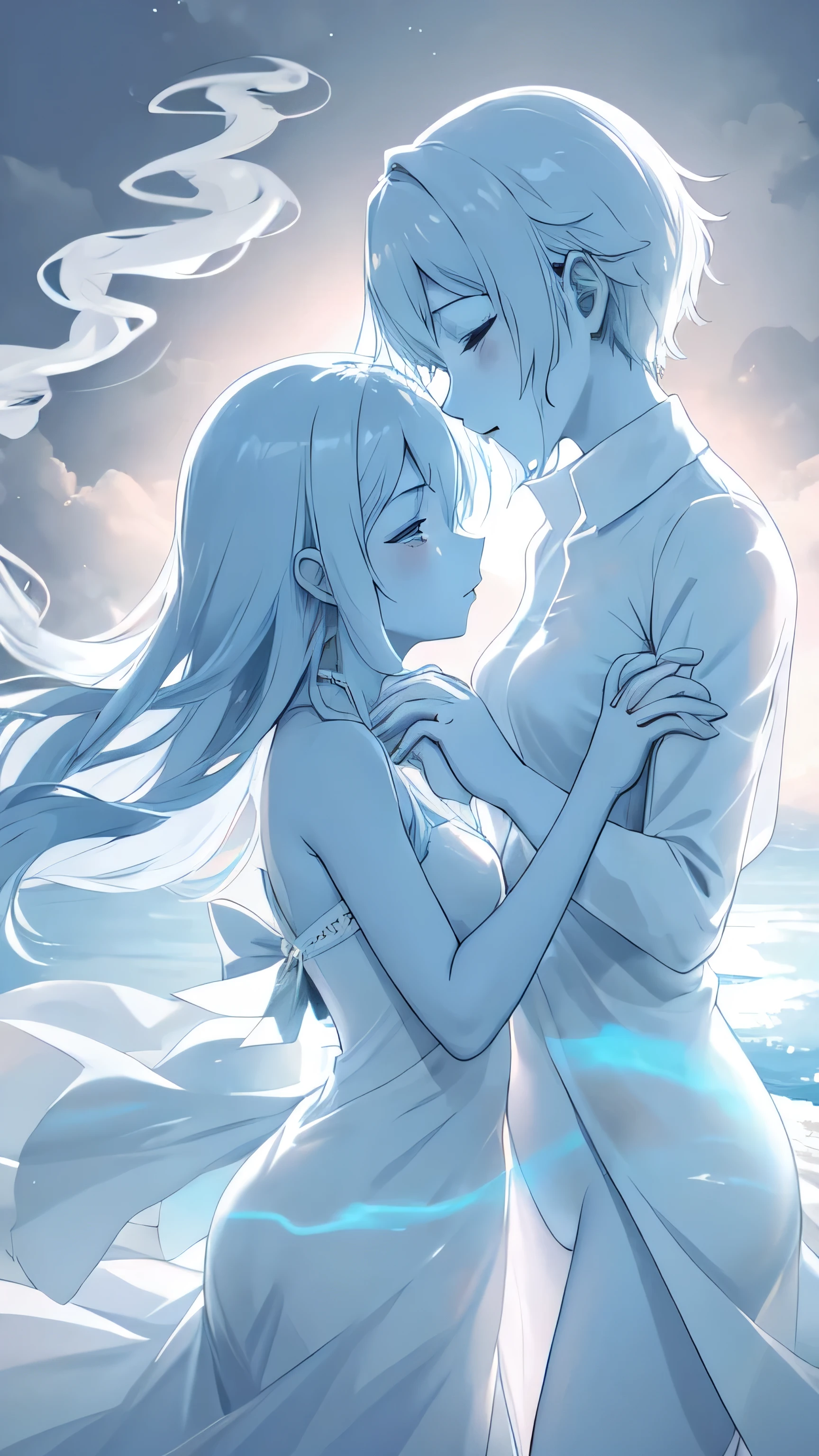 Two translucent souls holding each other's hands, smoke-shaped silhouettes