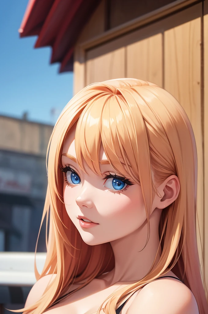 A beautiful woman with strawberry blonde hair and blue eyes