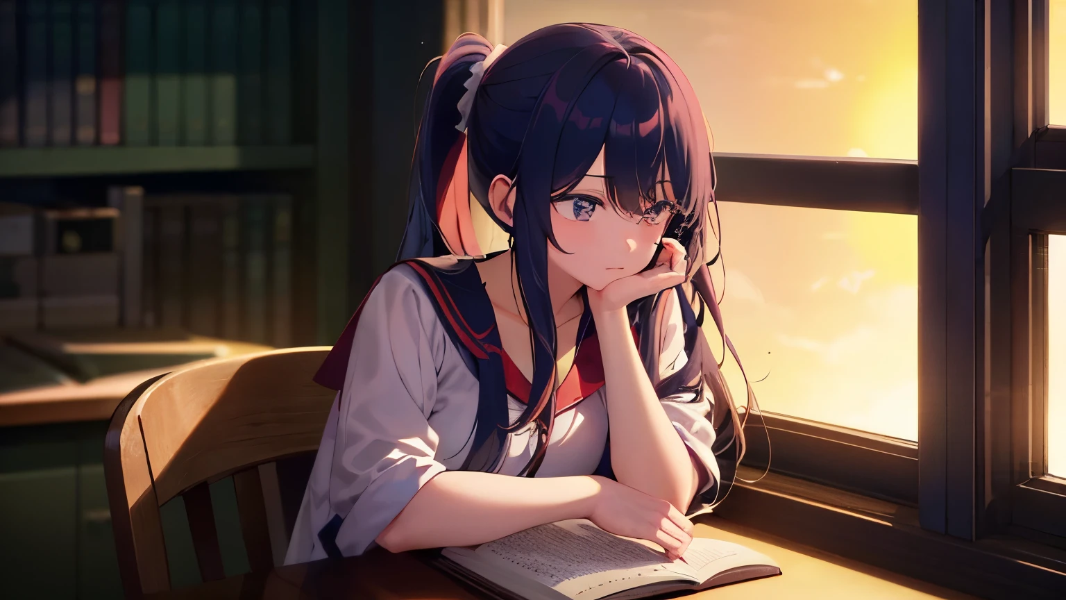 bangs, long hair, hair over eyes, pensive, side ponytail, anime style, UHD, masterpiece, textured skin, highres, best quality, A high school girl rests her chin on her desk while opening a notebook in the library, In the evening, the setting sun is shining through the window