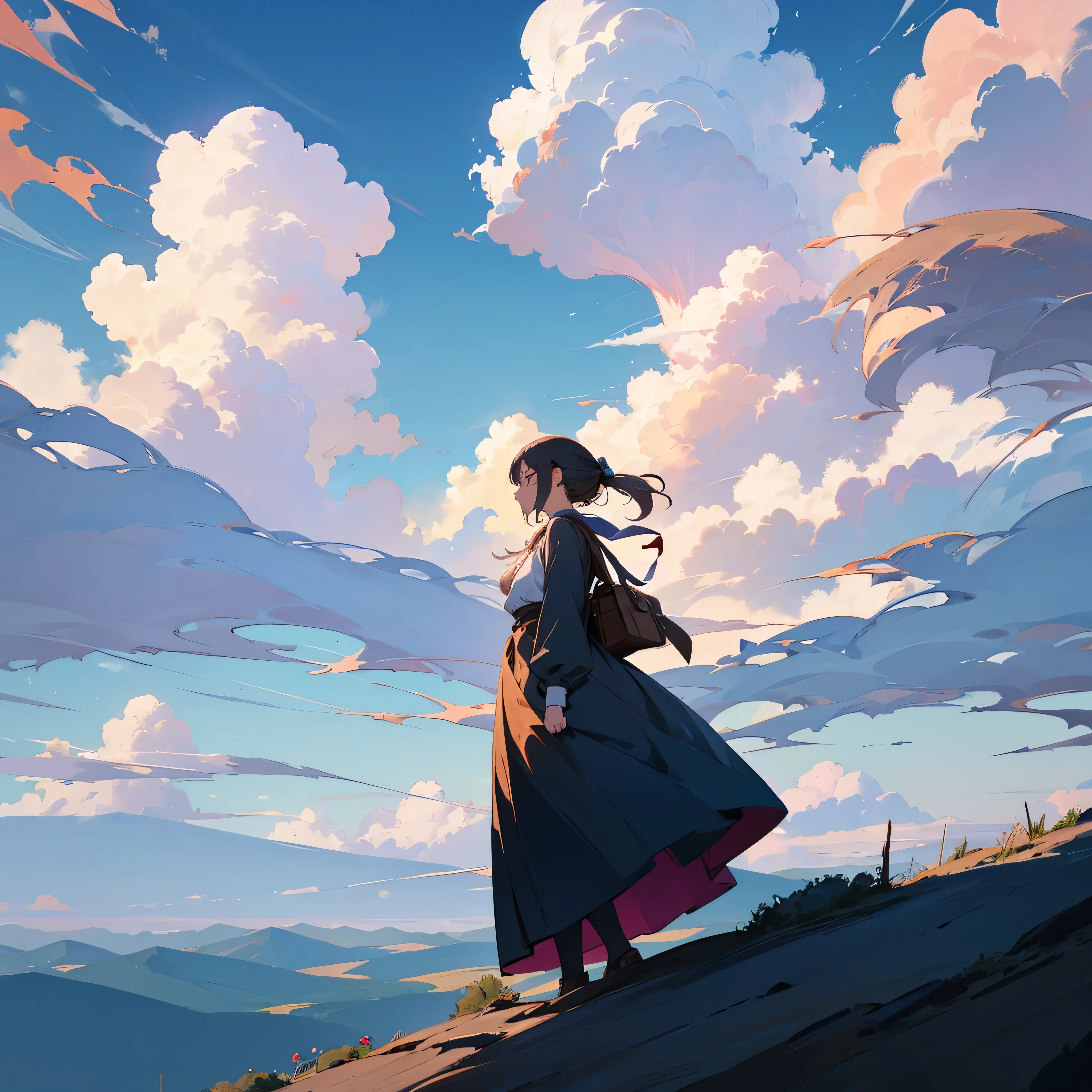 a woman standing on a mountain looking at a beautiful view and beautiful clouds, and a gibli theme