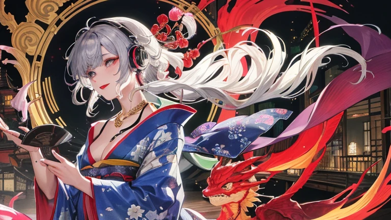 high quality,masterpiece,Dark-skinned Japanese woman in a colorful kimono,arm with tattoo,Beautiful blue droopy eyes,Japanese Benzaiten,Short-cut silver hair,Listening to music through headphones,grin,dragon tattoo,gold necklace,expression of ridicule,gray hair,red lipstick,dark makeup,A luxurious building reminiscent of old Japanese red-light districts,Images for YouTube