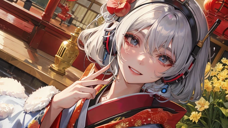 high quality,masterpiece,Dark-skinned Japanese woman in a colorful kimono,arm with tattoo,Beautiful blue droopy eyes,Japanese Benzaiten,Short-cut silver hair,Listening to music through headphones,grin,dragon tattoo,gold necklace,expression of ridicule,gray hair,red lipstick,dark makeup,A luxurious building reminiscent of old Japanese red-light districts,Images for YouTube