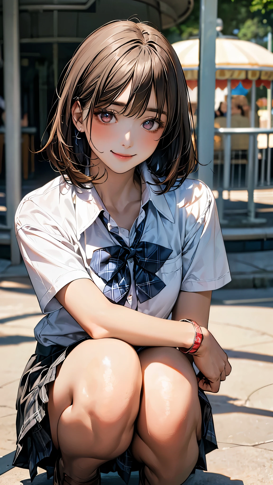 (masterpiece:1.2, top-quality), (realistic, photorealistic:1.4), beautiful illustration, (natural side lighting, movie lighting),
looking at viewer, full body, front view:0.6, 1 girl, japanese, high school girl, perfect face, cute and symmetrical face, suntan, shiny skin,
(short hair:1.2, bob cut:1.2, brown hair), asymmetrical bangs, maroon eyes, long eye lasher, (large breasts:0.6),
beautiful hair, beautiful face, beautiful detailed eyes, beautiful clavicle, beautiful body, beautiful chest, beautiful thigh, beautiful legs, beautiful fingers,
((collared short sleeve shirt, white shirt, , grey plaid pleated skirt, blue plaid bow tie), wrist chakra),
(beautiful scenery), amusement park, go-round, ferris wheel, (squatting, skirt hold), (lovely smile, upper eyes),