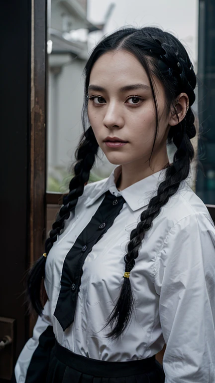 1woman, 25 years old, Japanese, Wednesday Addams, raven-black hair, twin braids, black clothes with white trim, cowboy shot, giant full moon