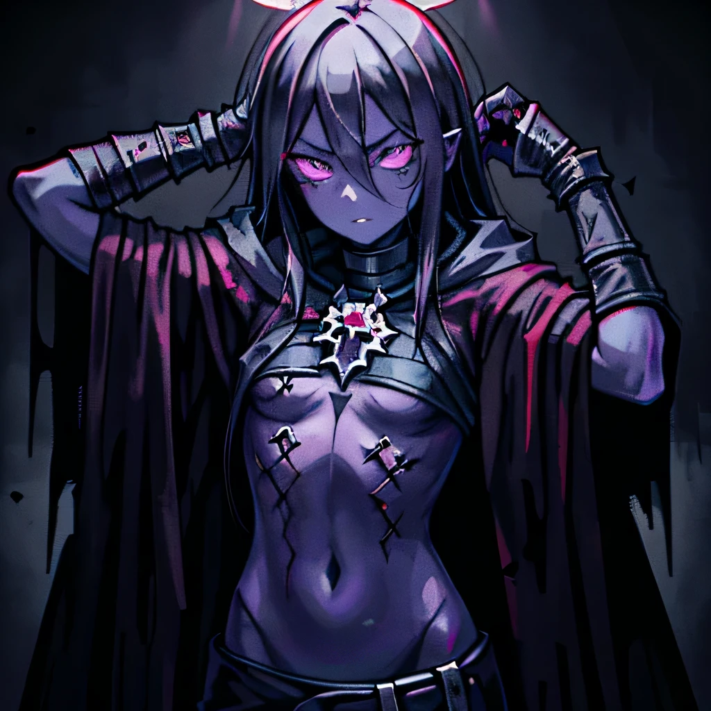 (((darkest dungeon style))), ((afflicted)), (affliction), (dark red darkest dungeon halo), hands on head, ((selfish expression)), contempted face, ((afflicted expression)), dark demon girl, purple skin, (dark purple skin), dark skin, dark hair, messy hair, cloth cloak, (less clothing), open belly, highly detailed art, many details