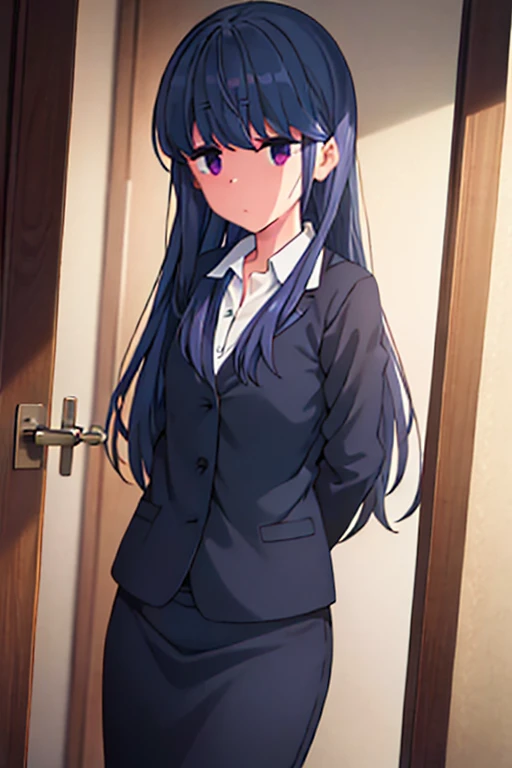 1girl, rin shima, purple eyes, suit, office lady, black skirt, black blazer, pencil skirt, white shirt, collared shirt, long hair, ager, looking at viewer, full body, sad face