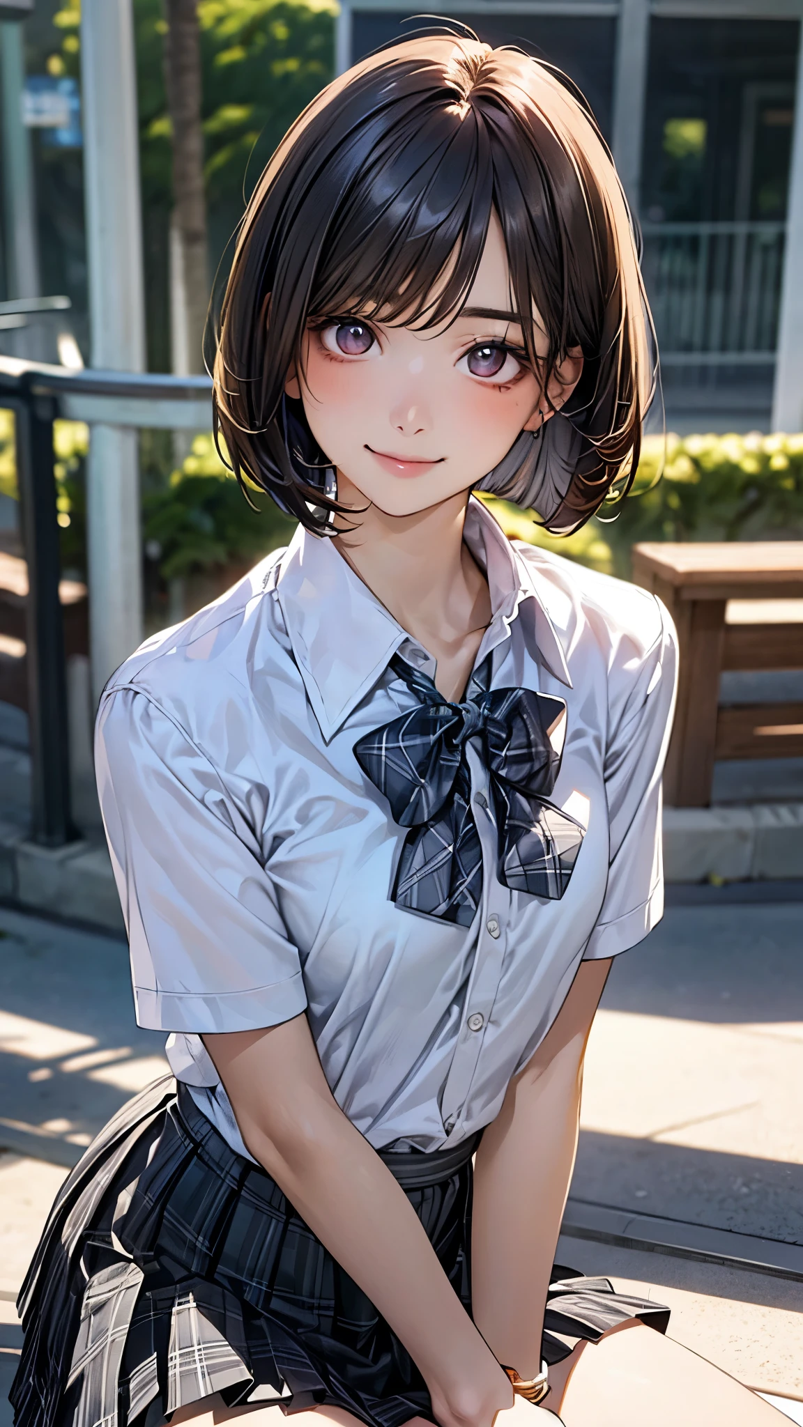 (masterpiece:1.2, top-quality), (realistic, photorealistic:1.4), beautiful illustration, (natural side lighting, movie lighting), 
looking at viewer, full body, front view:0.6, 1 girl, japanese, high school girl, perfect face, cute and symmetrical face, suntan, shiny skin, 
(short hair:1.2, bob cut:1.2, brown hair), asymmetrical bangs, maroon eyes, long eye lasher, (large breasts:0.6), 
beautiful hair, beautiful face, beautiful detailed eyes, beautiful clavicle, beautiful body, beautiful chest, beautiful thigh, beautiful legs, beautiful fingers, 
((collared short sleeve shirt, white shirt, , grey plaid pleated skirt, blue plaid bow tie), wrist chakra), 
(beautiful scenery), amusement park, go-round, ferris wheel, (sitting, skirt hold), (lovely smile, upper eyes),