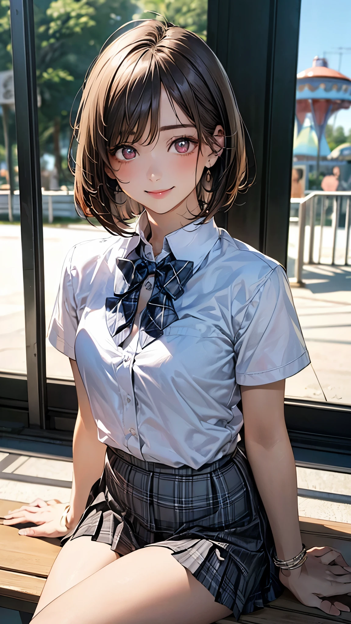 (masterpiece:1.2, top-quality), (realistic, photorealistic:1.4), beautiful illustration, (natural side lighting, movie lighting),
looking at viewer, full body, front view:0.6, 1 girl, japanese, high school girl, perfect face, cute and symmetrical face, suntan, shiny skin,
(short hair:1.2, bob cut:1.2, brown hair), asymmetrical bangs, maroon eyes, long eye lasher, (large breasts:0.6),
beautiful hair, beautiful face, beautiful detailed eyes, beautiful clavicle, beautiful body, beautiful chest, beautiful thigh, beautiful legs, beautiful fingers,
((collared short sleeve shirt, white shirt, , grey plaid pleated skirt, blue plaid bow tie), wrist chakra),
(beautiful scenery), amusement park, go-round, ferris wheel, (sitting, skirt hold), (lovely smile, upper eyes),