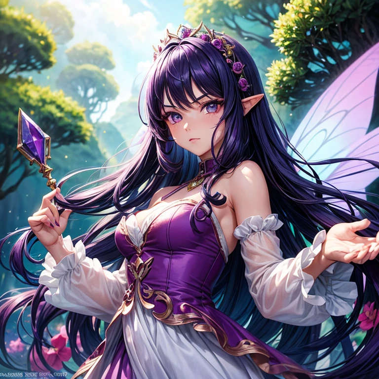 Fairy Woman, 25 years old, alas de hada grande de color violeta claro, Cabello largo de color morado oscuro, ojos de color negro, He has a serious expression on his face