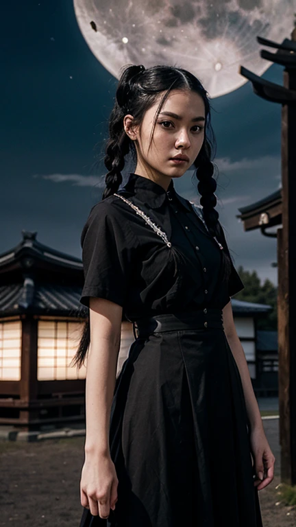 1woman, 25 years old, Japanese, Wednesday Addams, raven-black hair, twin braids, black clothes with white trim, cowboy shot, giant full moon