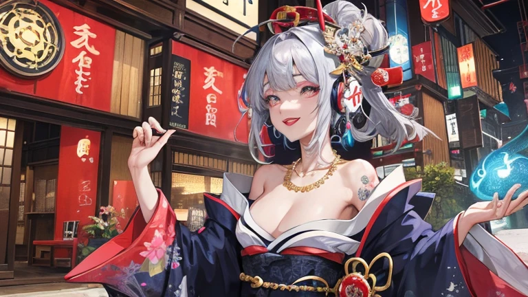 high quality,masterpiece,Dark-skinned Japanese woman in a colorful kimono,arm with tattoo,Beautiful blue droopy eyes,Japanese Benzaiten,Short-cut silver hair,Listening to music through headphones,grin and laugh,White Japanese dragon god watching over a woman,gold necklace,expression of ridicule,gray hair,red lipstick,dark makeup,A luxurious building reminiscent of old Japanese red-light districts,Images for YouTube