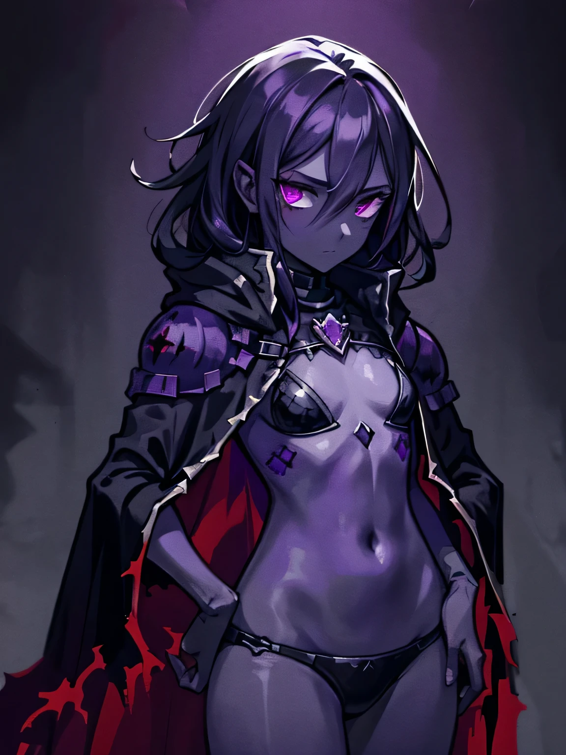 (((darkest dungeon style))), dark demon girl, purple skin, (dark purple skin), dark skin, dark hair, messy hair, cloth cloak, (very less clothing), (less clothing), open belly, highly detailed art, many details