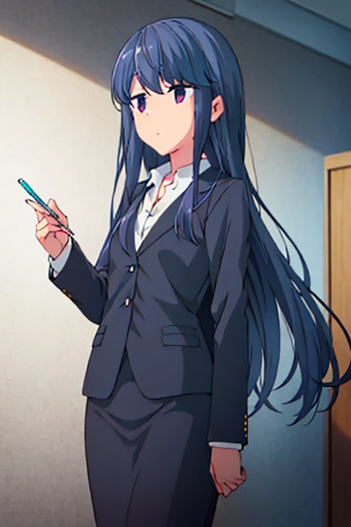 1girl, rin shima, purple eyes, suit, office lady, black skirt, black blazer, pencil skirt, white shirt, collared shirt, long hair, teenager, looking at viewer, full body, sad face