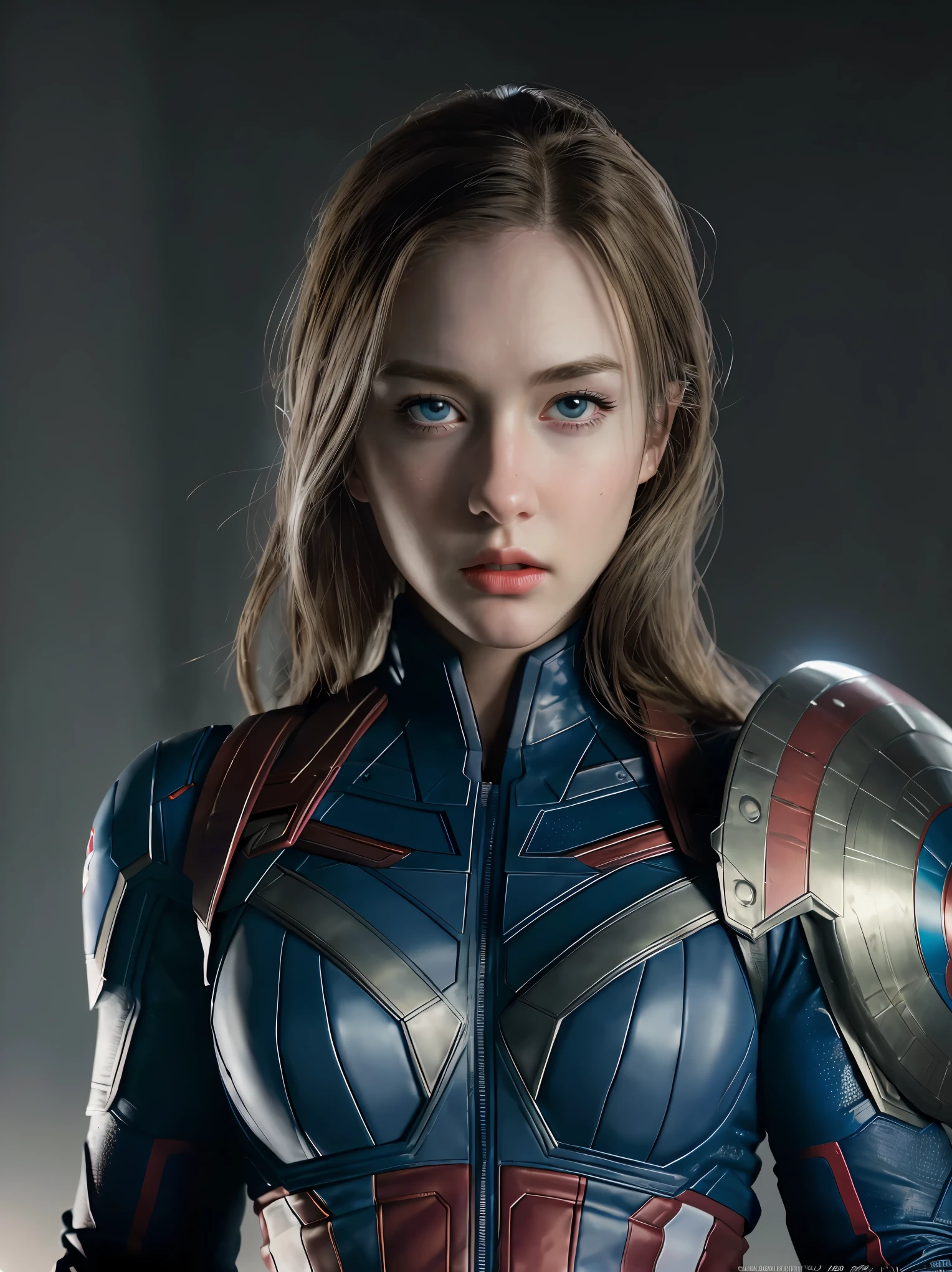 1girl as Captain America 8k, high definition, detailed face, detailed face, detailed eyes, detailed suit, in style of marvel and dc, hyper-realistic, + cinematic shot + dynamic composition, incredibly detailed, sharpen, details + superb details + evening with light + perfectionism + award winning realism ((moody lighting))