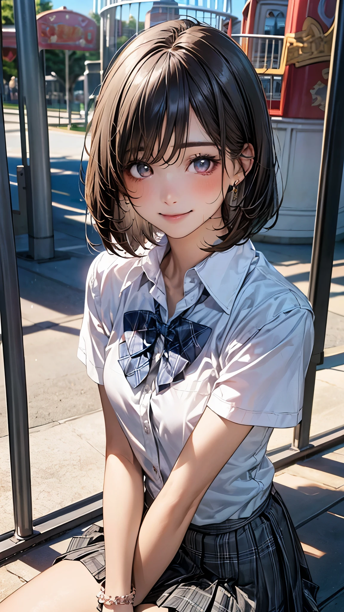(masterpiece:1.2, top-quality), (realistic, photorealistic:1.4), beautiful illustration, (natural side lighting, movie lighting),
looking at viewer, full body, front view:0.6, 1 girl, japanese, high school girl, perfect face, cute and symmetrical face, suntan, shiny skin,
(middle hair:1.2, bob cut:1.2, straight hair), forehead, maroon eyes, long eye lasher, (middle breasts),
beautiful hair, beautiful face, beautiful detailed eyes, beautiful clavicle, beautiful body, beautiful chest, beautiful thigh, beautiful legs, beautiful fingers,
((collared short sleeve shirt, white shirt, , grey plaid pleated skirt, blue plaid bow tie), wrist chakra),
(beautiful scenery), amusement park, go-round, ferris wheel, (sitting, skirt hold), (lovely smile, upper eyes),