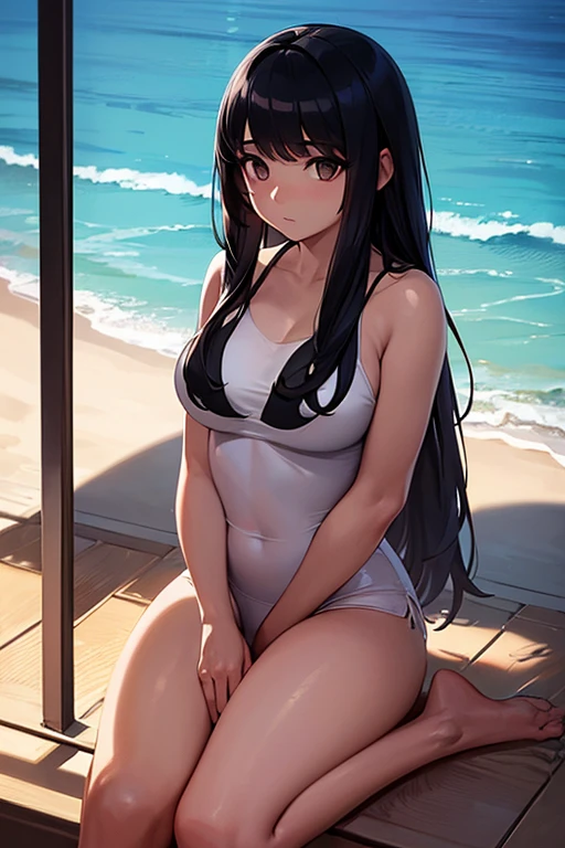 (Extremely detailed and high-quality illustration),(best lighting and shadow effects, ultrarrealista), playa, Mujer joven con tono de piel trigo y cabello corto y blanco claro., looking at the ocean with a thoughtful expression,muscle