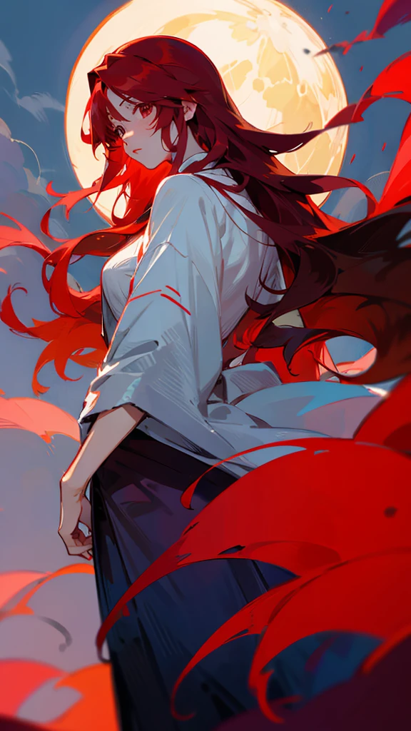 man,long red hair ,moon,at night