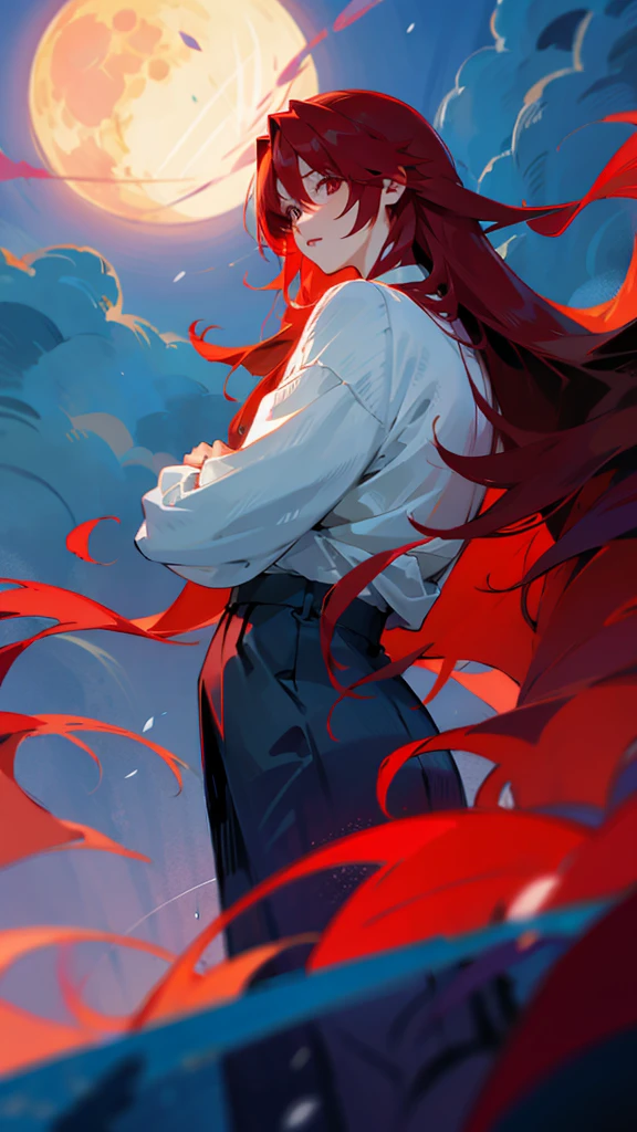 man,long red hair ,moon,at night