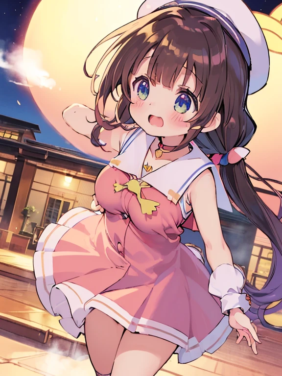 (school room:1.5),(Open mouth:1.5),steam,Night,Happiness,A smile,(grabbing on breasts:1.5),From below,bright pink and white dress,masutepiece, Best Quality,Hair Ornament,,Sailor hat,(Looking away:1.5),zettai_ryouiki+,Long hair,Black hair,white footwear,Choker, (large full breasts:1.5),bright pink costume,Spoken Heart,(6 years old:1.5),Anime,Sleeveless,PastelColors,(Vtuber:1.5),hair between eye,watercolor paiting,Skirt Glitter Heart,steam,Fluffy skirt design,(gochuumon wa usagi desu ka?:1.5)
