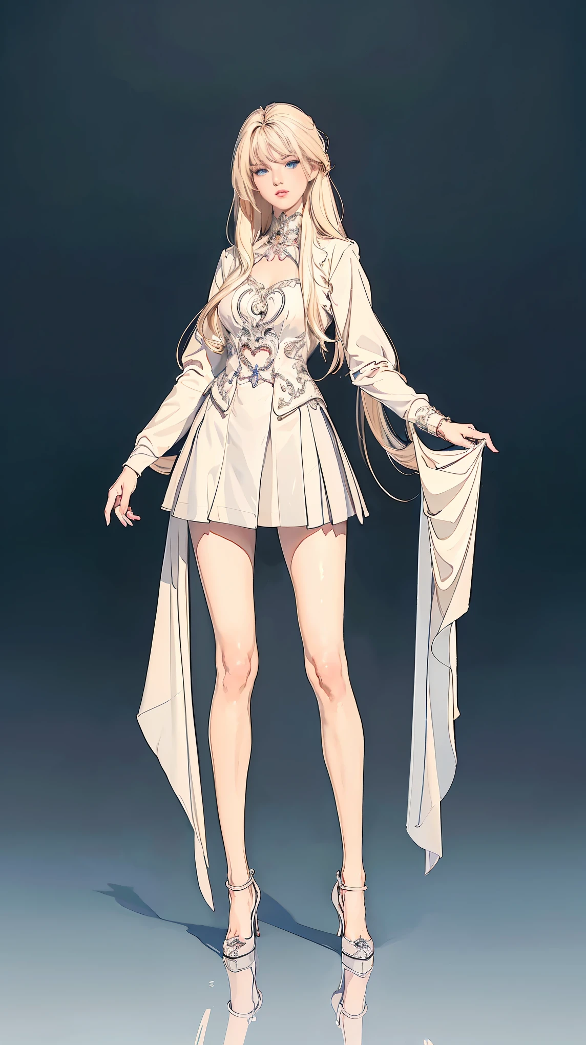 ((masterpiece,best quality,8k,highres)),((character concept art)), 1 female, young adult female, Anastasia Volkova, 18 years old, 175cm, (long, platinum blonde hair), platinum blonde hair, (fair skin colour), ultra finely detailed eyes (blue eyes colour), dazzling, graceful, confident, perfect body build ((slim)), ((intricate detail)), super finely detailed hands, ultra finely detailed fingers(((ten fingers))), wearing pink blazer jacket white shirt and white pencil pleated skirt, (standing with grace), ((full body showcase)), (show full body), (no logos on background), (no logo), ((plain background)), ((plain background)), (((empty background)))