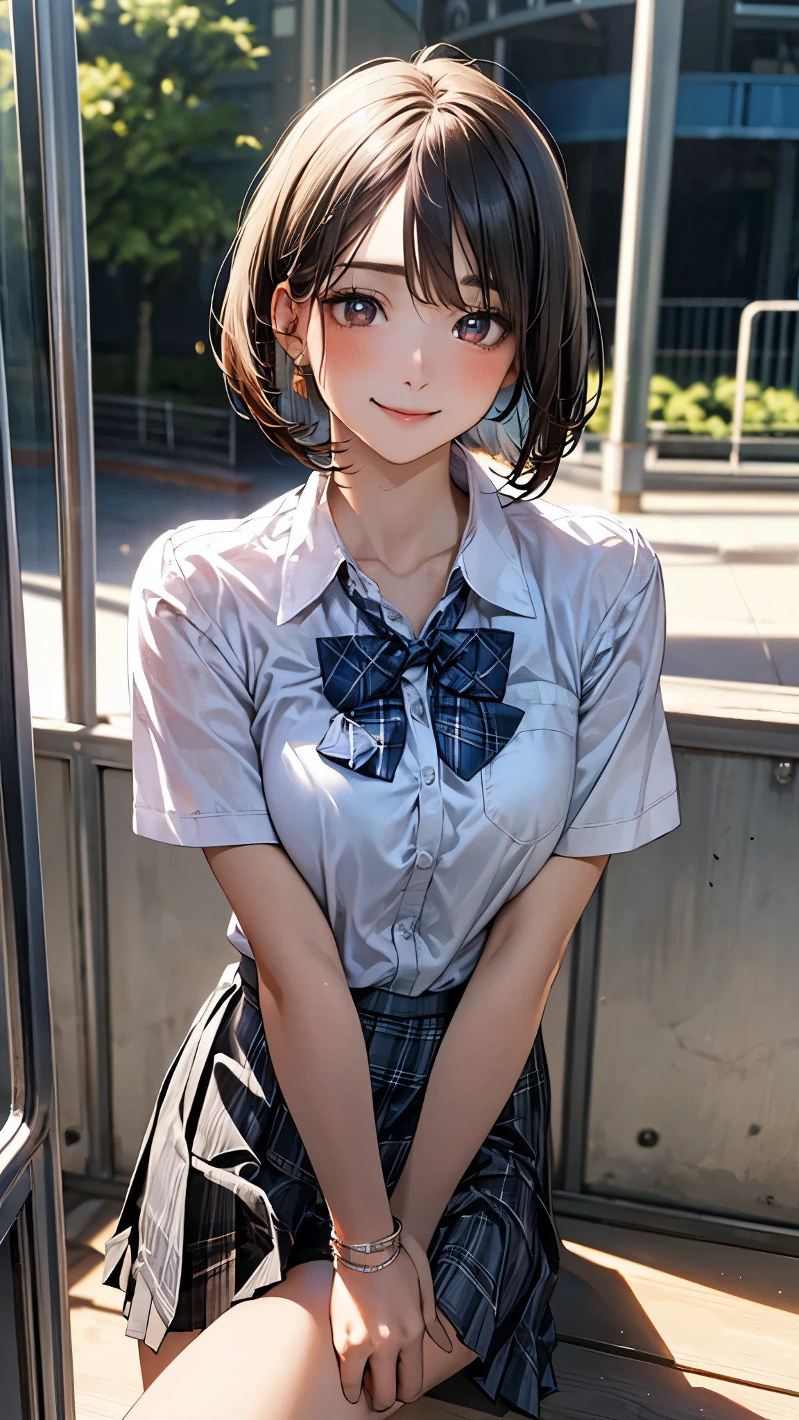 (masterpiece:1.2, top-quality), (realistic, photorealistic:1.4), beautiful illustration, (natural side lighting, movie lighting),
looking at viewer, full body, front view:0.6, 1 girl, japanese, high school girl, perfect face, cute and symmetrical face, suntan, shiny skin,
(middle hair:1.2, bob cut:1.2, straight hair), forehead, maroon eyes, long eye lasher, (middle breasts),
beautiful hair, beautiful face, beautiful detailed eyes, beautiful clavicle, beautiful body, beautiful chest, beautiful thigh, beautiful legs, beautiful fingers,
((collared short sleeve shirt, white shirt, , grey plaid pleated skirt, blue plaid bow tie), wrist chakra),
(beautiful scenery), amusement park, go-round, ferris wheel, (sitting, skirt hold), (lovely smile, upper eyes),