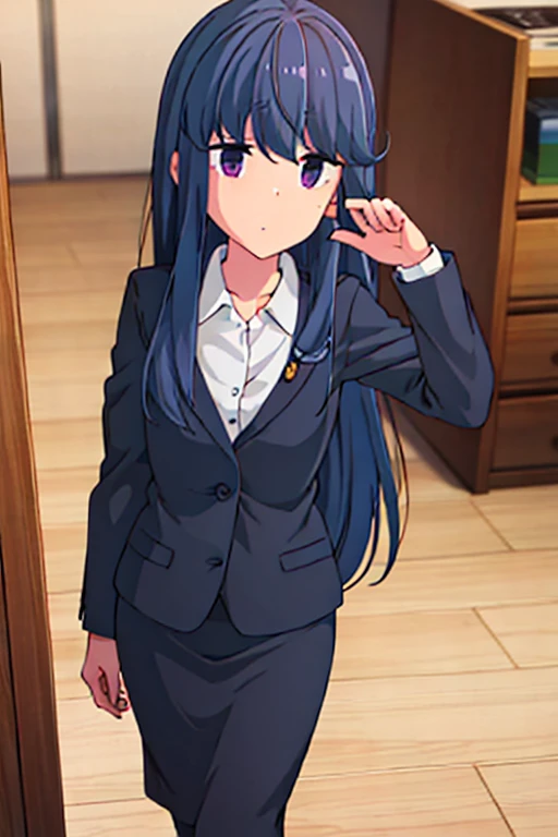 1girl, rin shima, purple eyes, suit, office lady, black skirt, black blazer, pencil skirt, white shirt, collared shirt, long hair, teenager, looking at viewer, full body, sad face