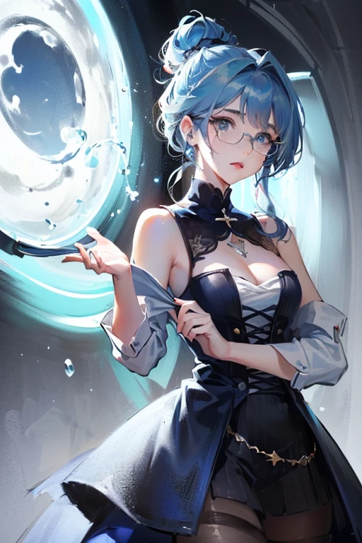 1 girl, full body, high detailed face, high detailed dress, smile, looking at viewer, armpits, arms up, standing up, dynamic pose, medium breasts, cleavage, downblouse, cameltoe, sexy, perfect body, no stockings, kneeling, on a table in an alchemist laboratory.