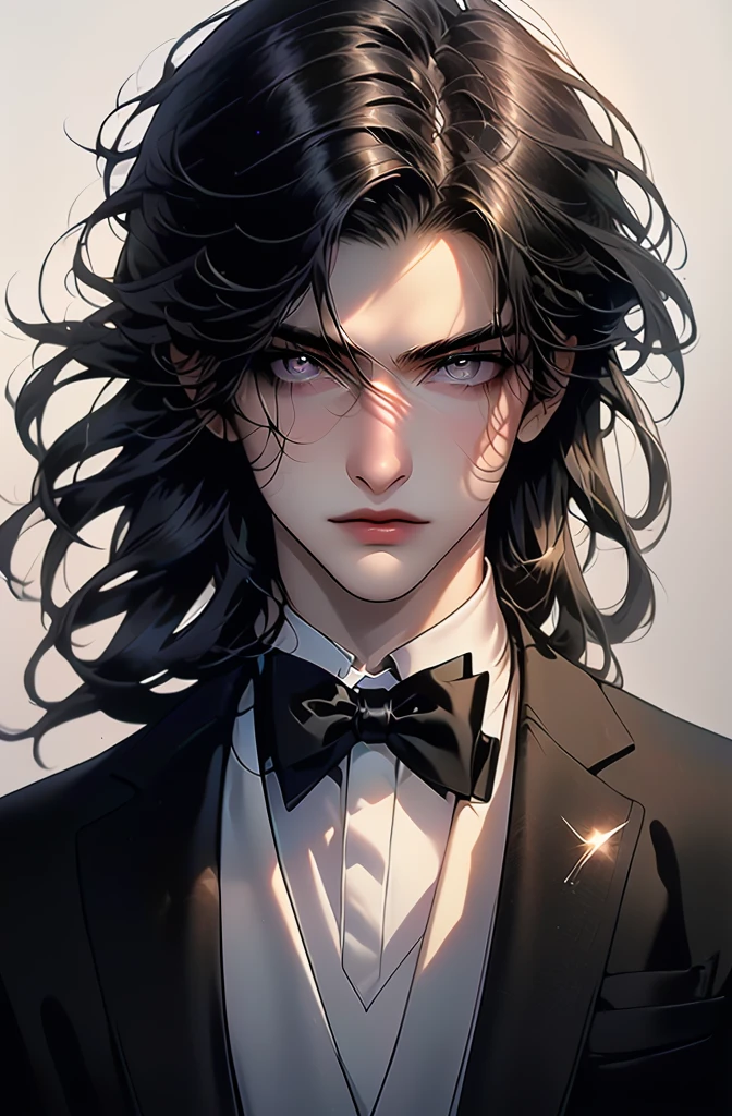 ung man, ((an image from the upper body, from the waist to the head)), (( an image of a young man with silver eyes)), (masterpiece), best quality, expressive eyes, perfect face. ((The young man has a sharp face with a handsome yet cold and aloof demeanour around him)), (Masterpiece:1.4),(highly detailed), (high CG:1.4), high quality, ultra detailed, ultra realistic, (ultra detailed eye:1.4), (mascular body:1.3), darkness,(illustration:1.4),(overexposure:1.3),(photography:1.3),(macro lens:1.1).,kurenaiz1, best quality, (((clearly drawn face))),(detailed body),(((perfect anatomy))),(detailed eyes),(detailed skin),(shiny_skin),(shiny_hair), (octane rendering), 16k, (ultra high res) , (ultra realistic), , (masterpiece), best quality, (cold eyes), (perfect face), young boy, (no expression on his face). (pale white skin). long hair that cascades behind his shoulders, ((((black hair)))),  ((sharp facial features)). (pale skin), ((silver eyes)), (he has silver eyes), ((((he is dressed with a white tuxedo, black tie, black shirt underneath, black gloves)))), ((arms crossed)), ((looking directly at the viewer)). black and white background.