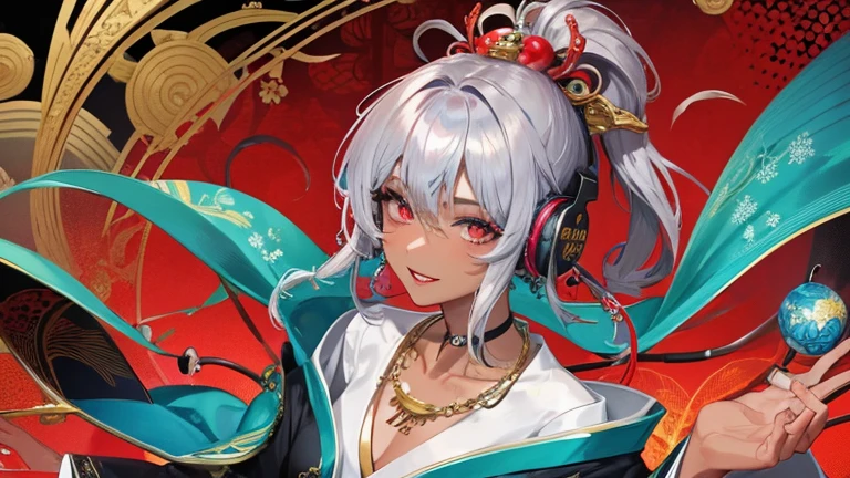 high quality,masterpiece,Dark-skinned Japanese woman in a colorful kimono,arm with tattoo,Beautiful blue droopy eyes,Feathered robe like the Japanese goddess Benzaiten,Short-cut silver hair,Listening to music through headphones,grin,dragon god behind,gold necklace,expression of ridicule,gray hair,red lipstick,dark makeup,Very beautiful sea,Images for YouTube