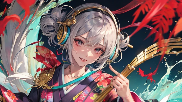high quality,masterpiece,Dark-skinned Japanese woman in a colorful kimono,arm with tattoo,Beautiful blue droopy eyes,Feathered robe like the Japanese goddess Benzaiten,Short-cut silver hair,Listening to music through headphones,grin,dragon god behind,gold necklace,expression of ridicule,gray hair,red lipstick,dark makeup,Very beautiful sea,Images for YouTube