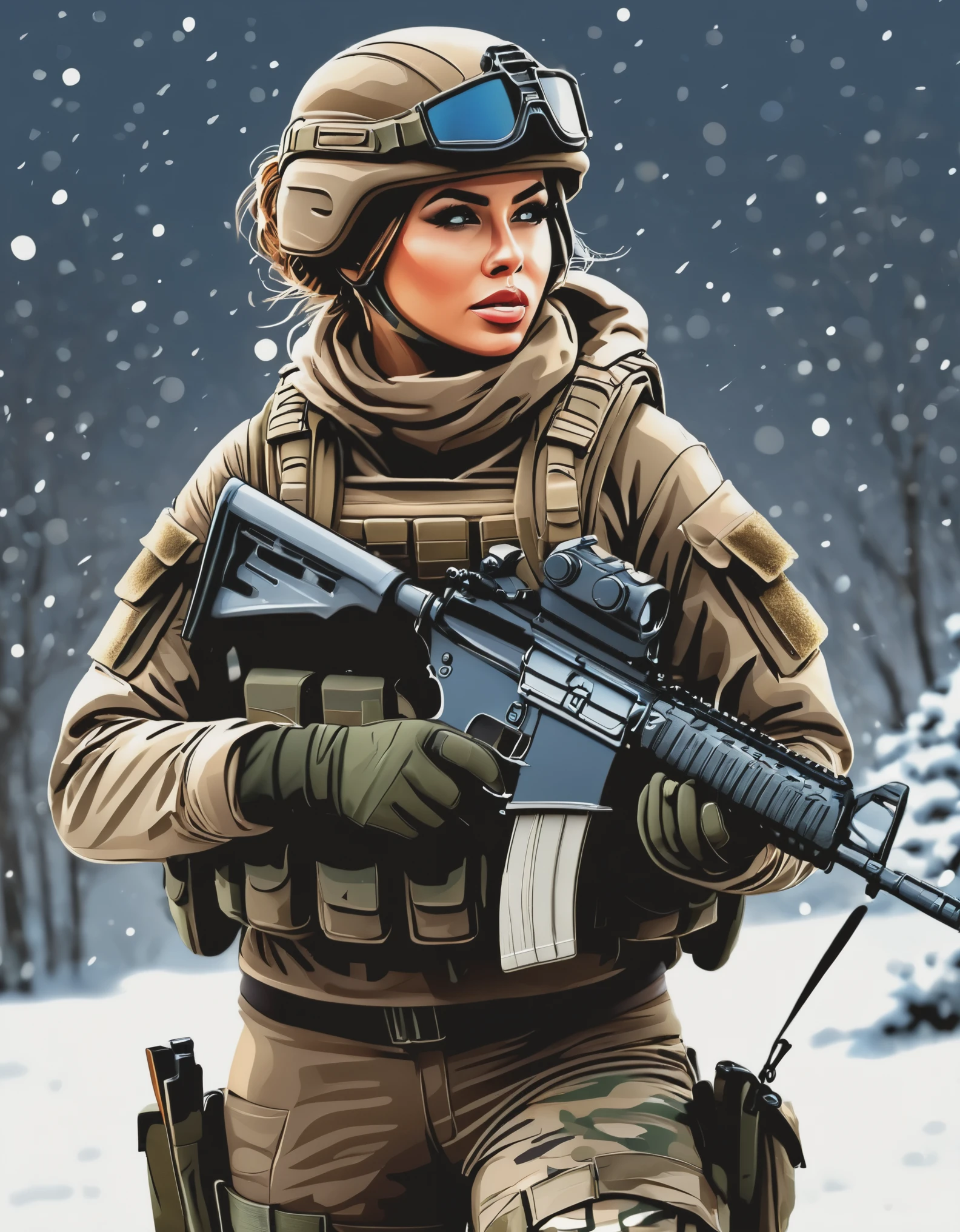 (Vector art:1.4),(photorealistic), beautiful lighting, best quality, realistic, full body portrait, real picture, intricate details, depth of field, 1girl, in a cold snowstorm, A very muscular solider girl with haircut, wearing winter camo military fatigues, camo plate carrier rig, combat gloves, (magazin pouches), (kneepads), highly-detailed, real face, real silhouette, automatic weapon, outdoors, bright day, Beautiful lighting, RAW photo, 8k uhd, film grain ((bokeh)), vector technique, vector art