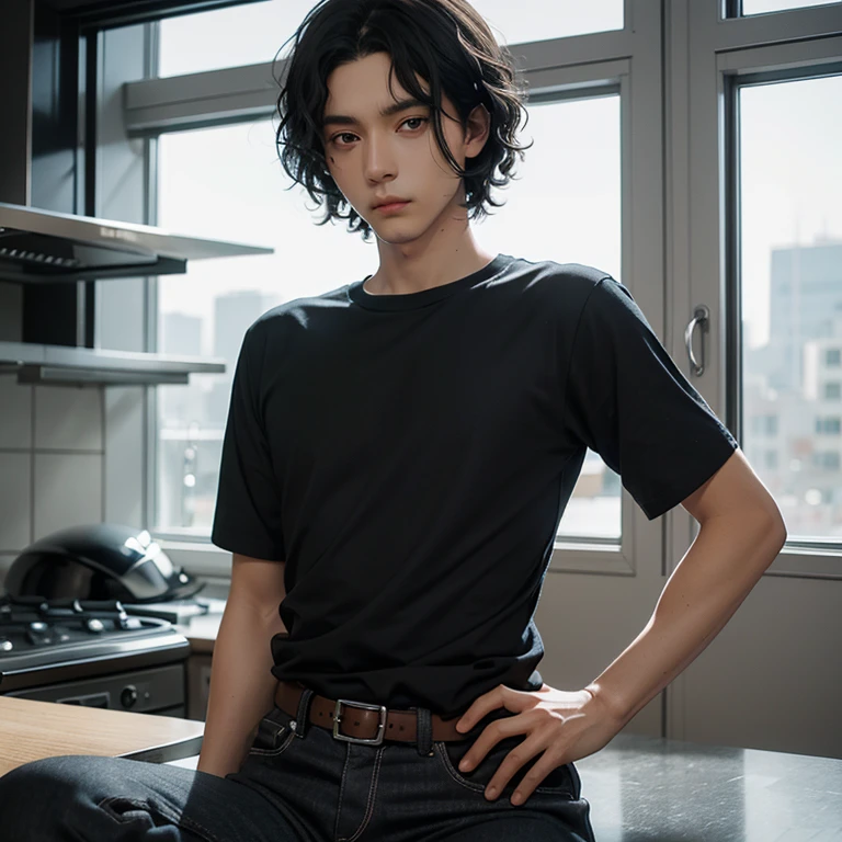 white man, short black hair, slightly curly hair, silver eyes, serious face, blue shirt, black pants, perfect face, animelike