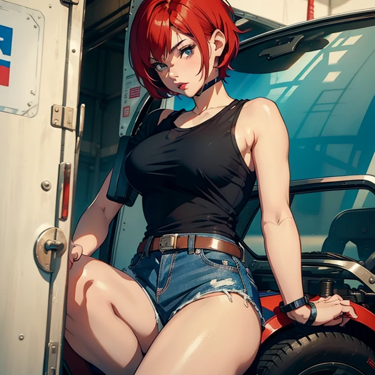 Masterpiece, best quality, detailed face, young woman, riley nixon haircut, red hair, very short hair, black tank t-shirt shirt, riley nixon haircut, in junkyard, Looking at the viewer, neutral face, 4k