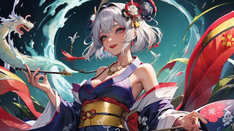 high quality,masterpiece,Dark-skinned Japanese woman in a colorful kimono,arm with tattoo,Distinctive beautiful blue droopy eyes,A woman like the Japanese goddess Benzaiten,Hagoromo,Short-cut silver hair,Listening to music through headphones,grin,dragon god behind,gold necklace,expression of ridicule,gray hair,red lipstick,dark makeup,Very beautiful sea,Images for YouTube